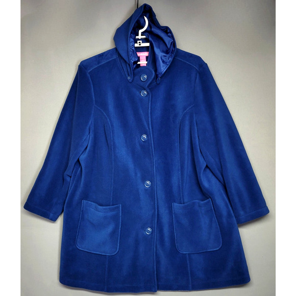 Woman Within Coat Womens 26W Blue Soft Fleece Hooded Buttons Pockets Normcore - Picture 1 of 16